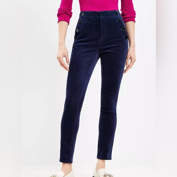 NWT LOFT Mariner High Rise Skinny Pants Velvet Navy Blue, Sailor Buttons 8 10 - Picture 1 of 5